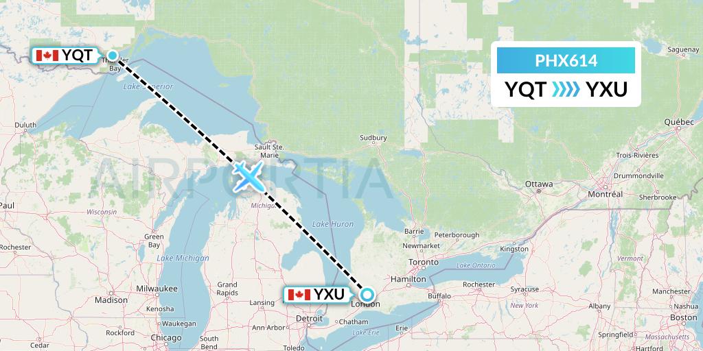 PHX614 SkyCare Flight Map: Thunder Bay to London