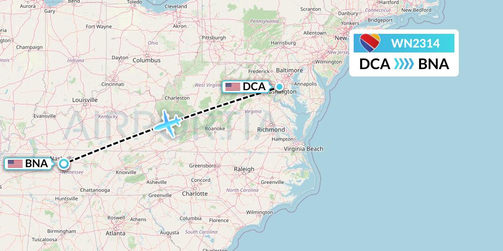 WN2314 Southwest Airlines Flight Map: Washington to Nashville