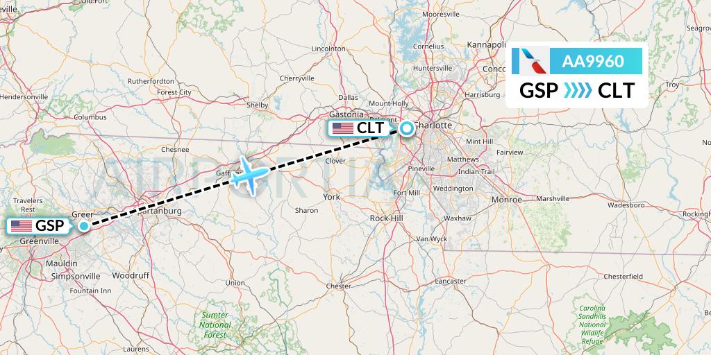 AA9960 American Airlines Flight Map: Greenville-Spartanburg to Charlotte