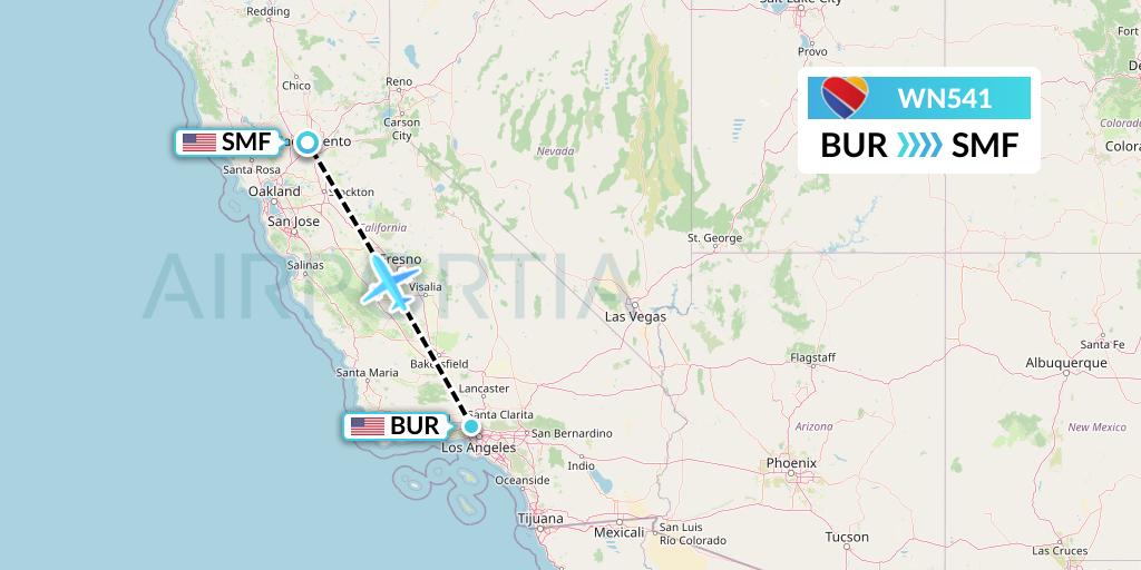 WN541 Southwest Airlines Flight Map: Burbank to Sacramento