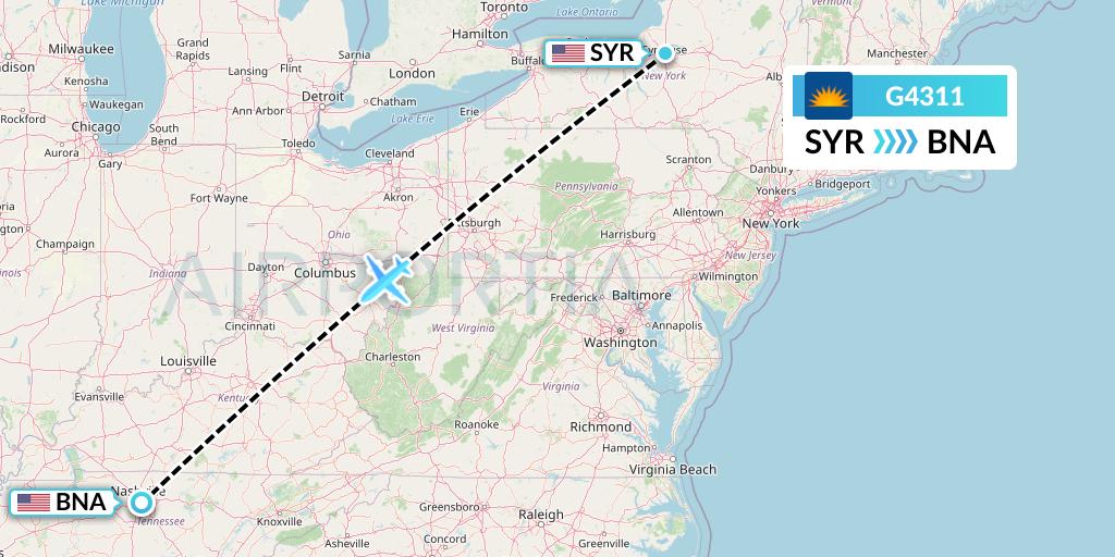 G4311 Allegiant Air Flight Map: Syracuse to Nashville