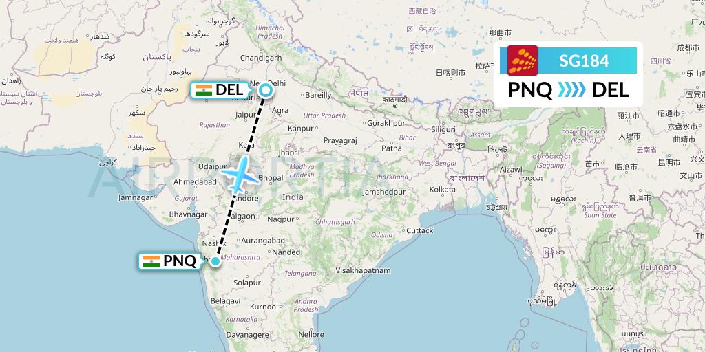 SG184 SpiceJet Flight Map: Pune to Delhi