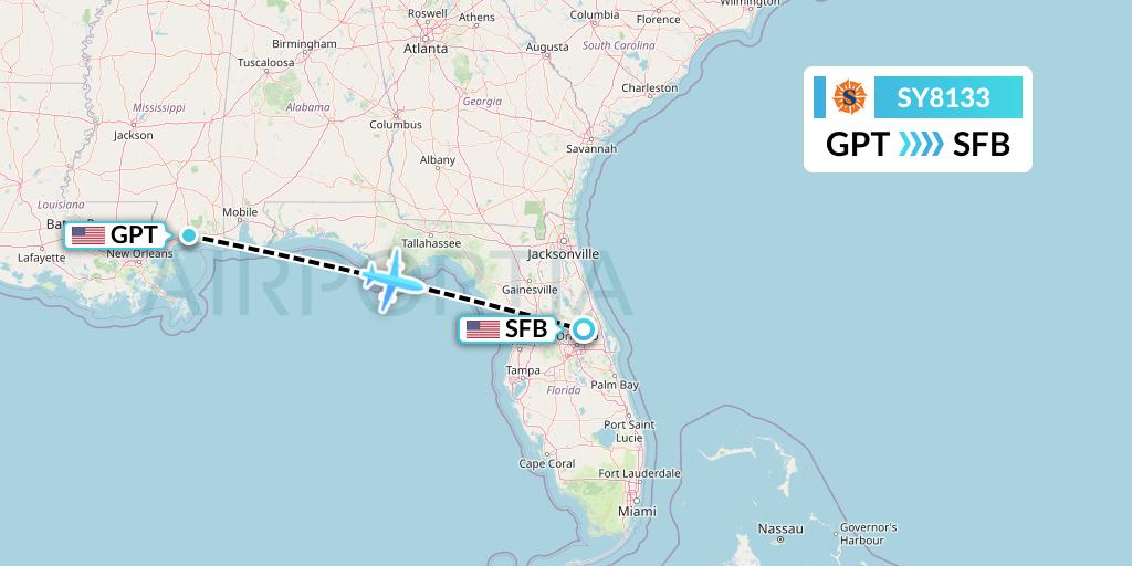 SY8133 Sun Country Airlines Flight Map: Gulfport to Orlando