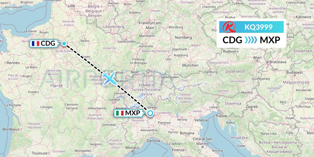 KQ3999 Kenya Airways Flight Map: Paris to Milan