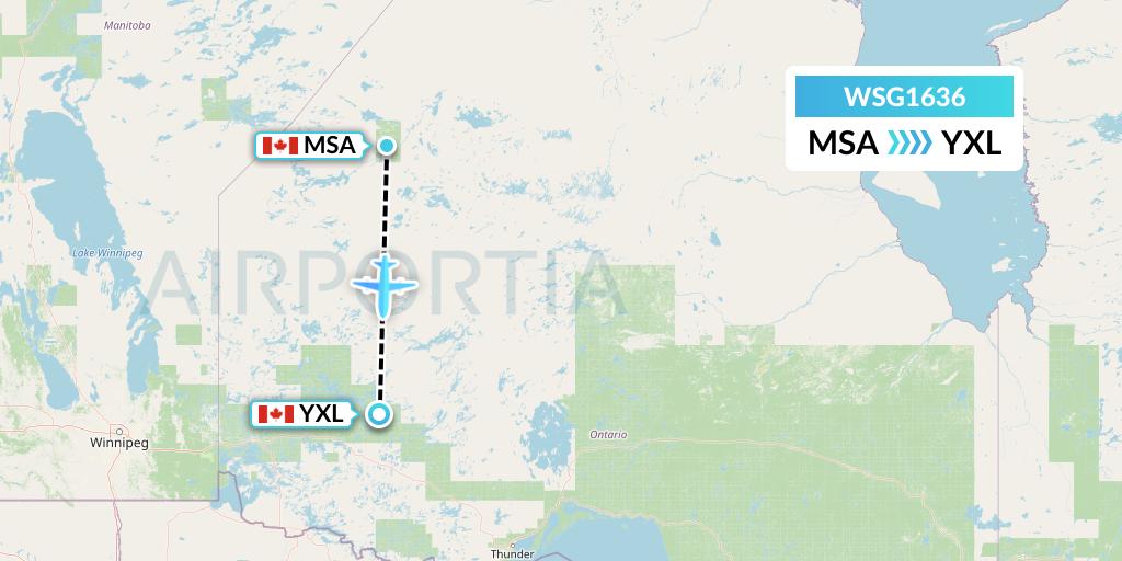 WSG1636 Wasaya Airways Flight Map: Muskrat Dam to Sioux Lookout