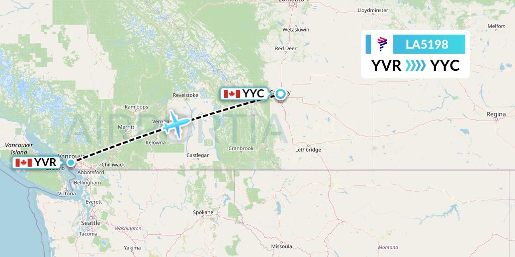 LA5198 LAN Airlines Flight Map: Vancouver to Calgary