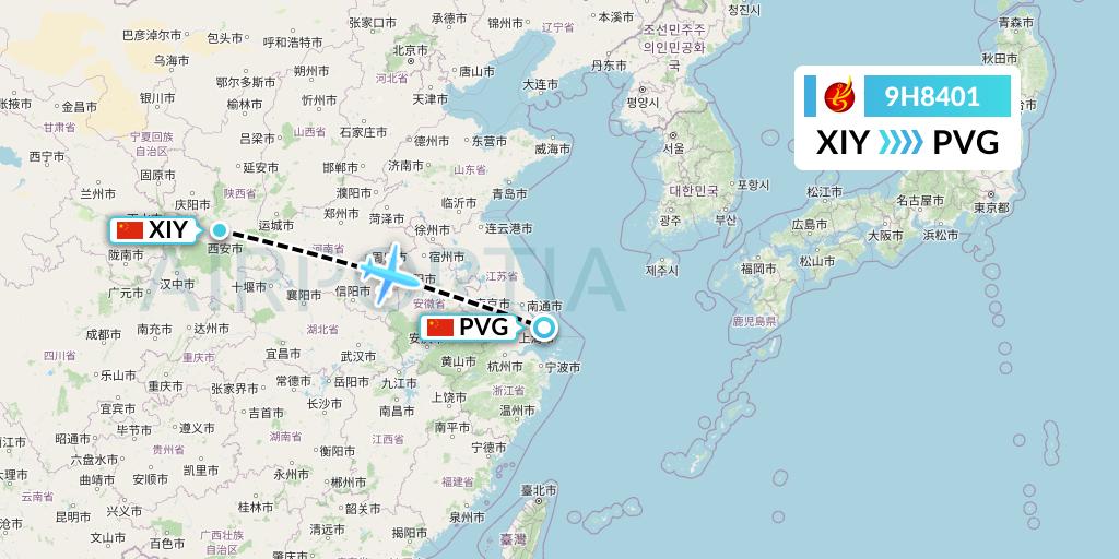 9H8401 Air Changan Flight Map: Xi'an to Shanghai