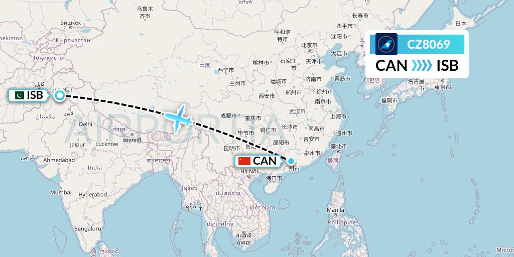 CZ8069 China Southern Airlines Flight Map: Guangzhou to Islamabad