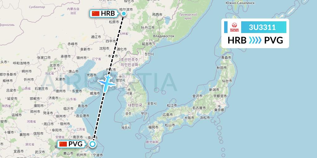 3U3311 Sichuan Airlines Flight Map: Harbin to Shanghai