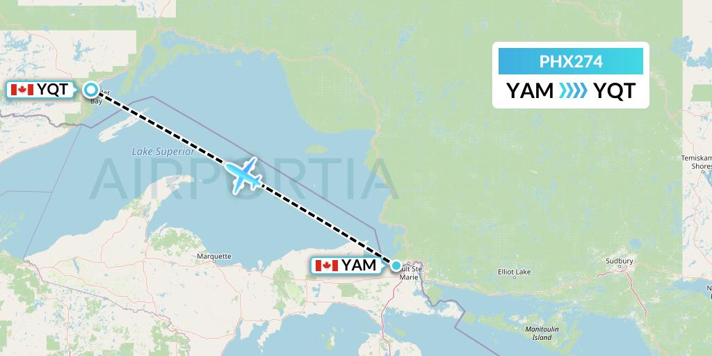 PHX274 SkyCare Flight Map: Sault Ste. Marie to Thunder Bay