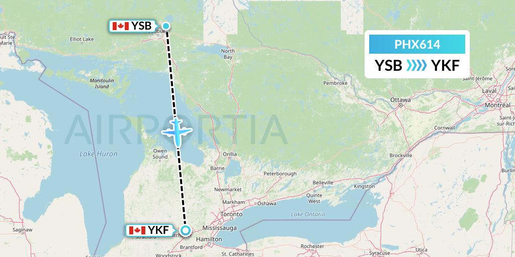 PHX614 SkyCare Flight Map: Sudbury to Waterloo