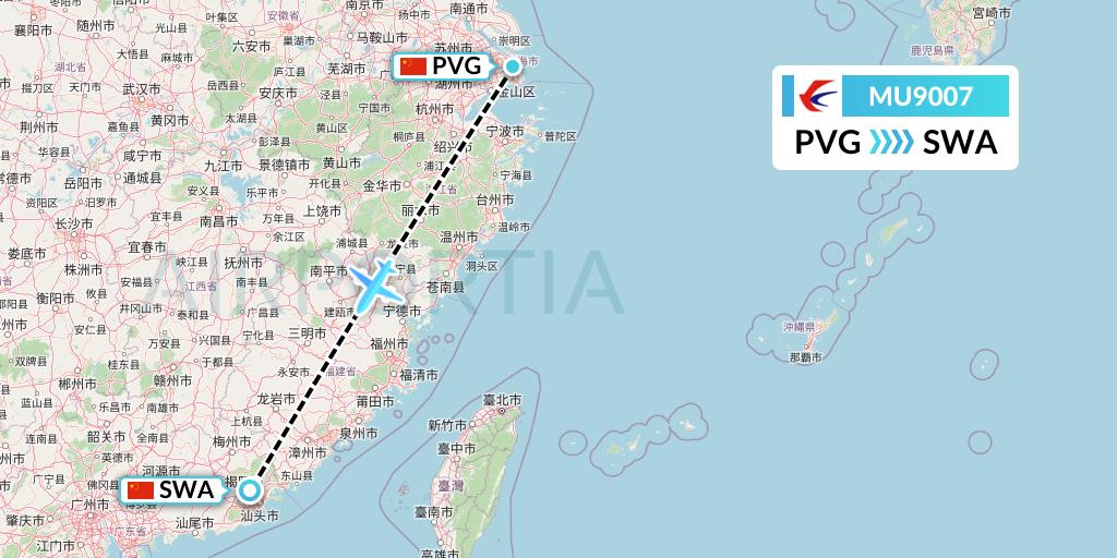 MU9007 China Eastern Airlines Flight Map: Shanghai to Jieyang