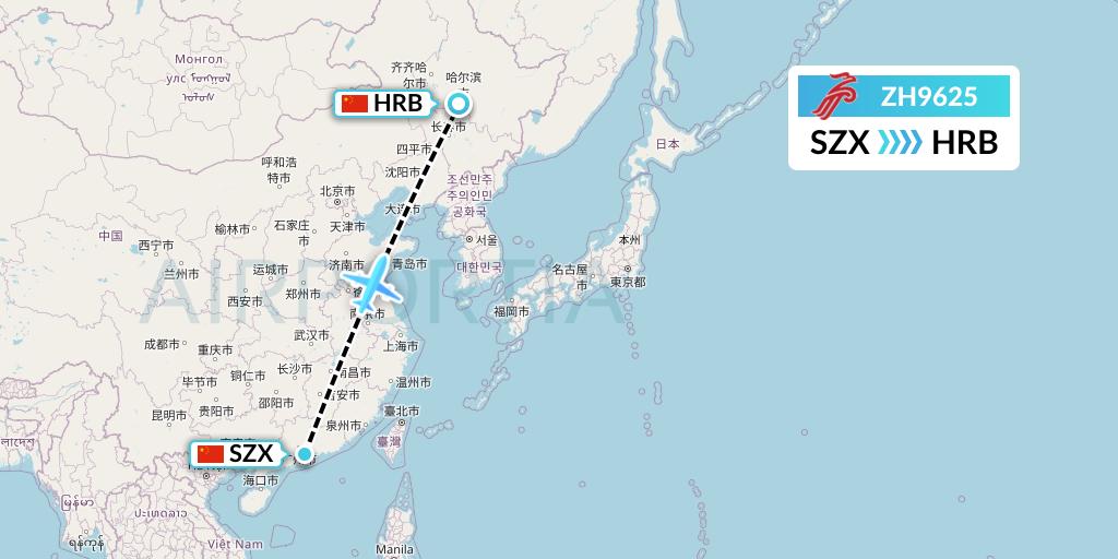 ZH9625 Shenzhen Airlines Flight Map: Shenzhen to Harbin