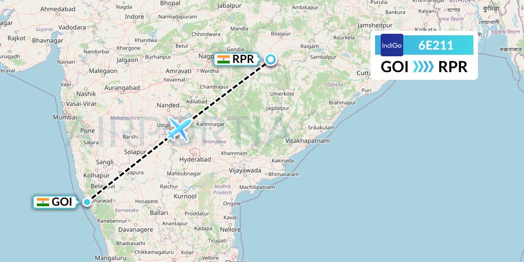 6E211 IndiGo Airlines Flight Map: Goa to Raipur