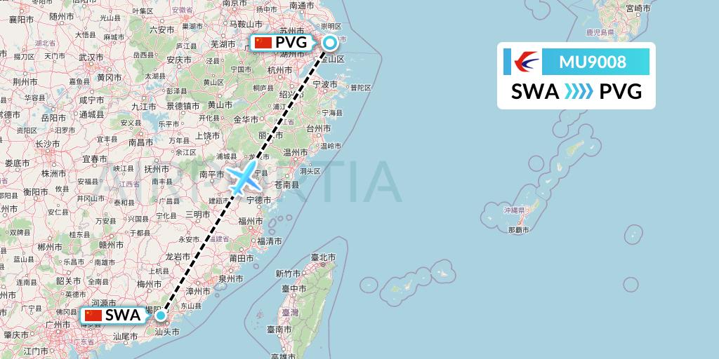 MU9008 China Eastern Airlines Flight Map: Jieyang to Shanghai