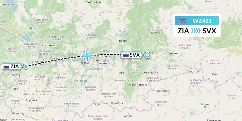 WZ421 Red Wings Flight Map: Moscow to Yekaterinburg