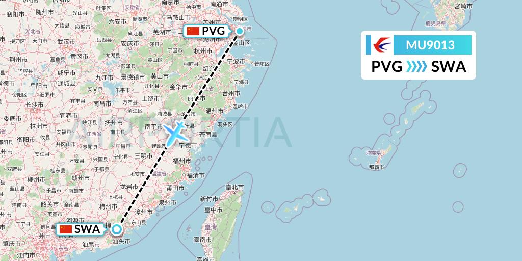 MU9013 China Eastern Airlines Flight Map: Shanghai to Jieyang