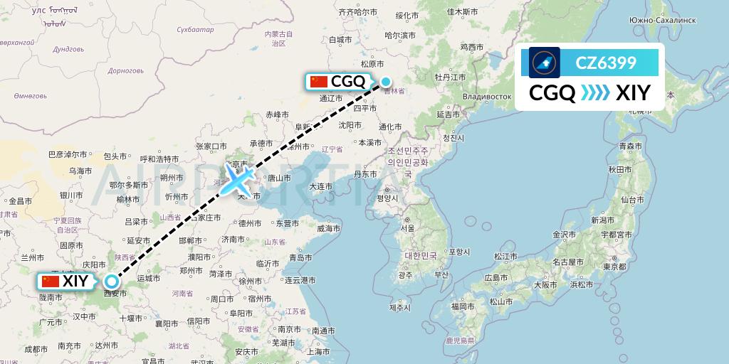 CZ6399 China Southern Airlines Flight Map: Changchun to Xi'an
