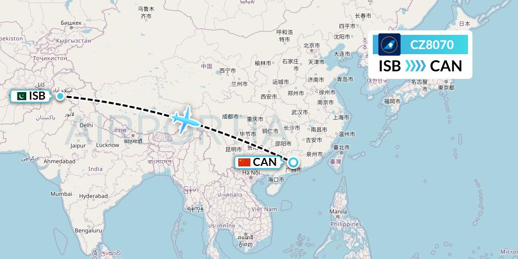 CZ8070 China Southern Airlines Flight Map: Islamabad to Guangzhou
