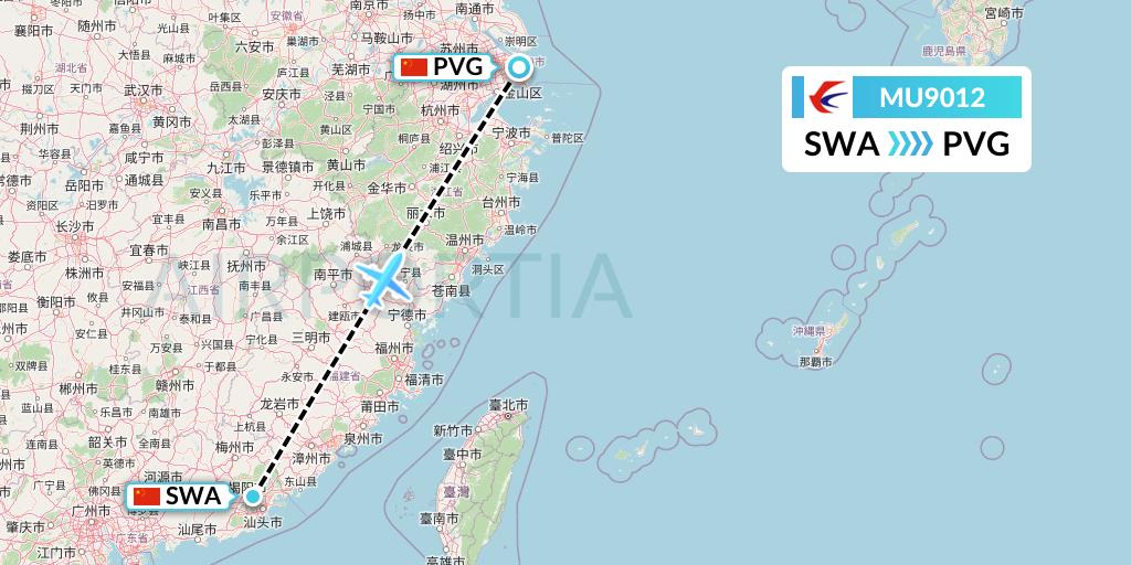 MU9012 China Eastern Airlines Flight Map: Jieyang to Shanghai