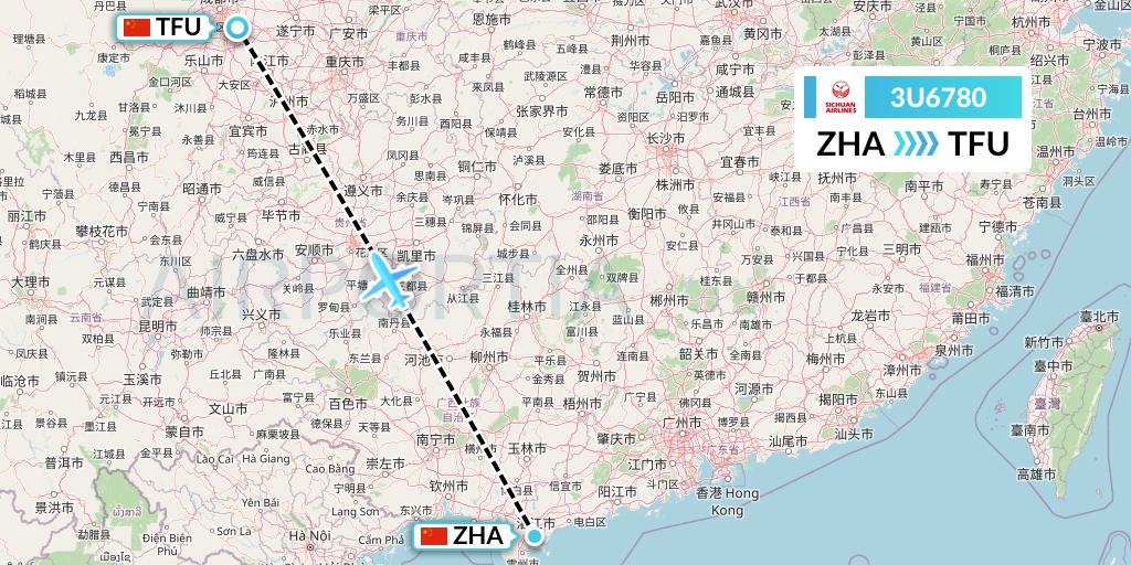3U6780 Sichuan Airlines Flight Map: Zhanjiang to Chengdu
