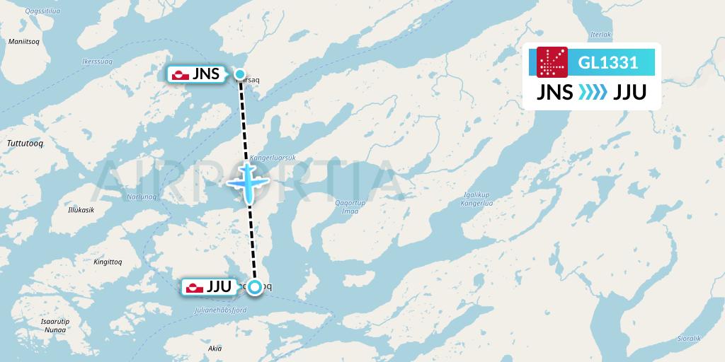 GL1331 Air Greenland Flight Map: Narsaq to Qaqortoq