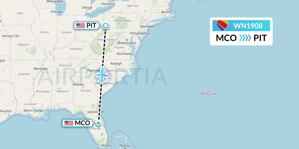 WN1908 Southwest Airlines Flight Map: Orlando to Pittsburgh