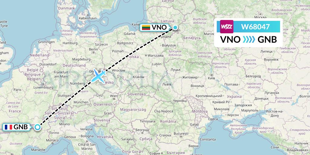 W68047 Wizz Air Flight Map: Vilnius to Grenoble