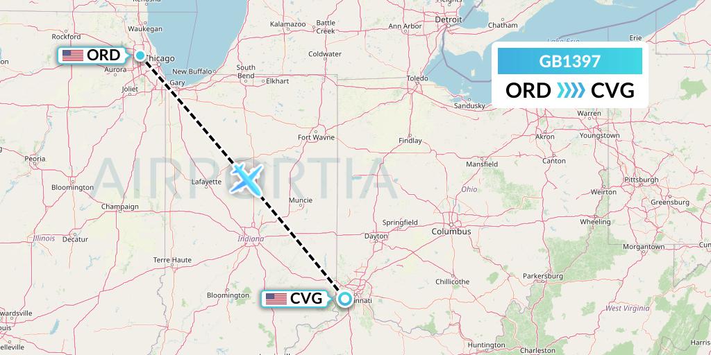 GB1397 ABX Air Flight Map: Chicago to Cincinnati
