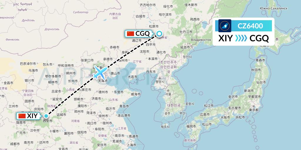 CZ6400 China Southern Airlines Flight Map: Xi'an to Changchun