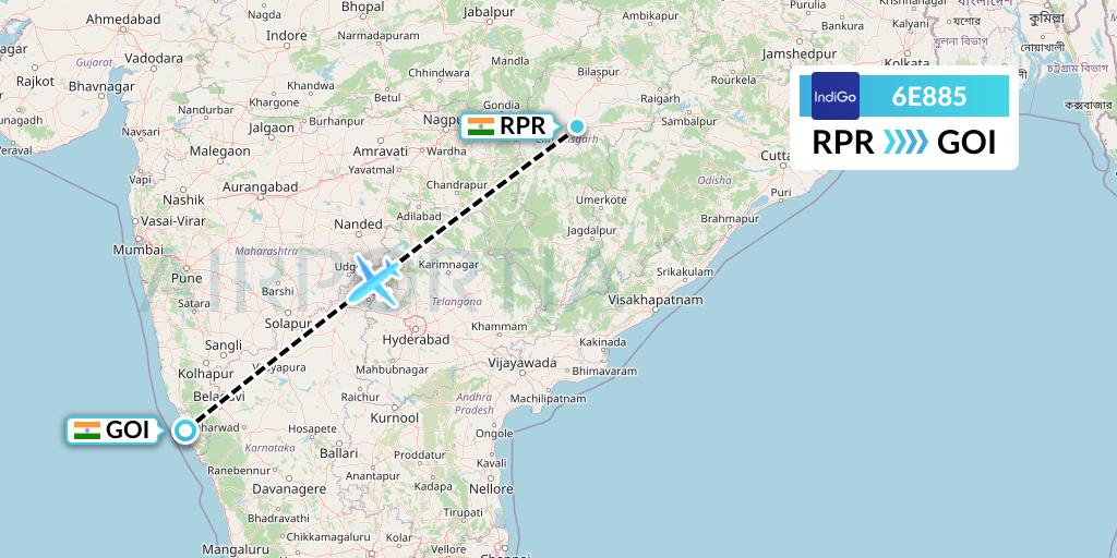 6E885 IndiGo Airlines Flight Map: Raipur to Goa