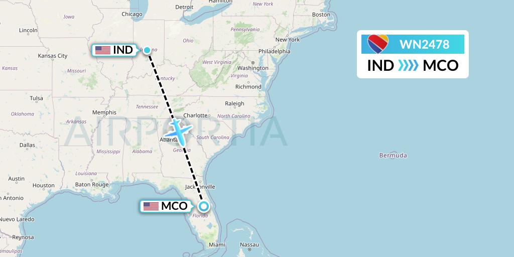 WN2478 Southwest Airlines Flight Map: Indianapolis to Orlando