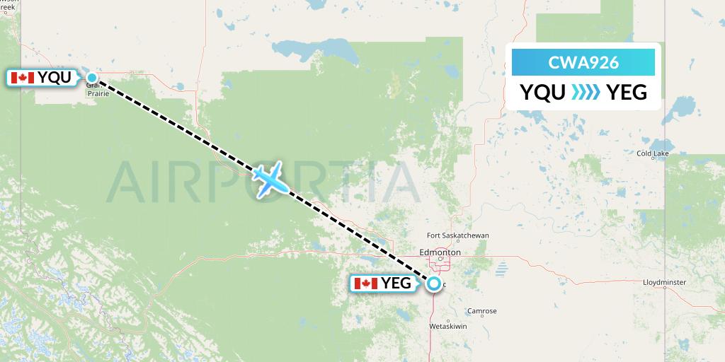 CWA926 Can West Corporate Air Charters Ltd. Flight Map: Grande Prairie to Edmonton