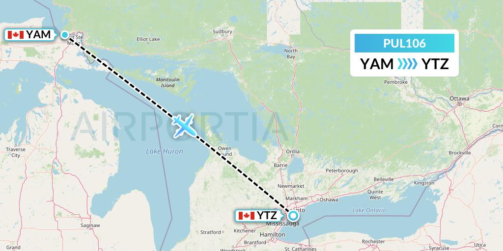 PUL106 Ornge Air Flight Map: Sault Ste. Marie to Toronto