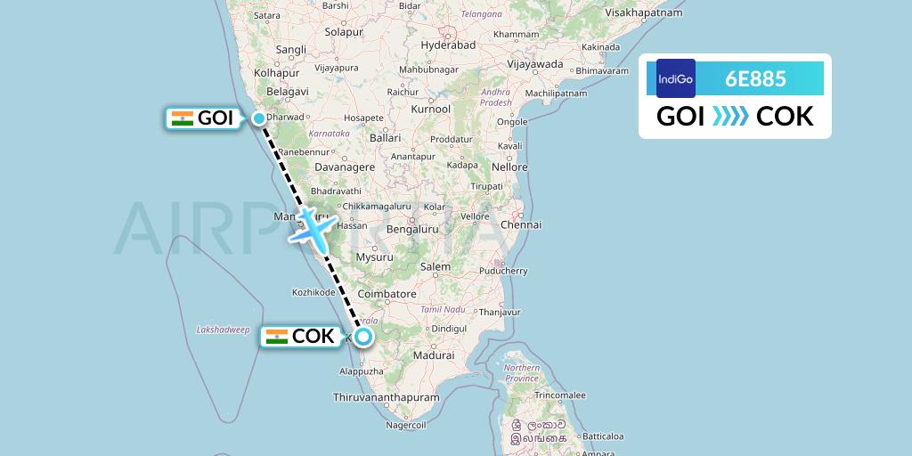 6E885 IndiGo Airlines Flight Map: Goa to Cochin