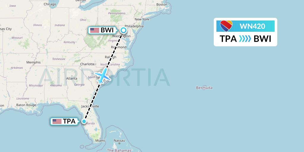 WN420 Southwest Airlines Flight Map: Tampa to Baltimore