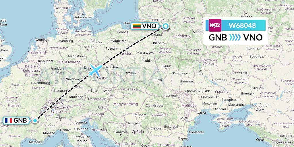 W68048 Wizz Air Flight Map: Grenoble to Vilnius
