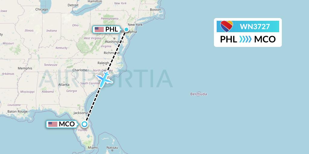 WN3727 Southwest Airlines Flight Map: Philadelphia to Orlando