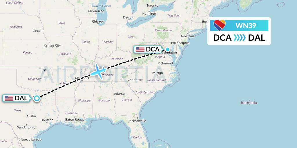WN39 Southwest Airlines Flight Map: Washington to Dallas