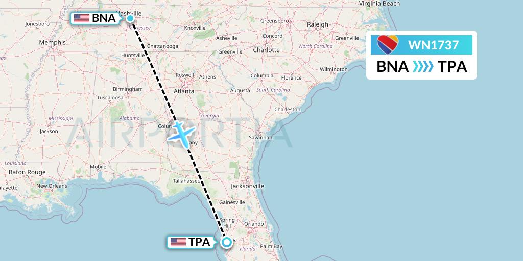 WN1737 Southwest Airlines Flight Map: Nashville to Tampa