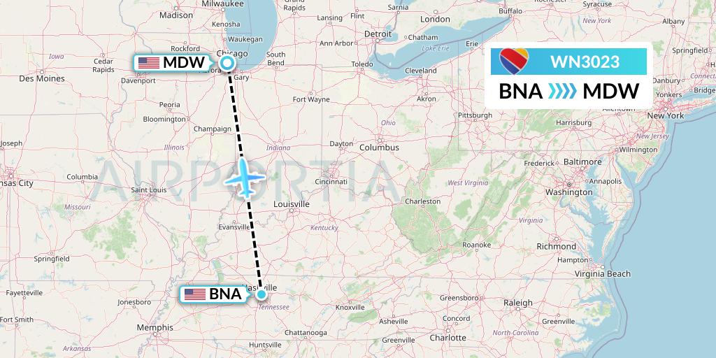 WN3023 Southwest Airlines Flight Map: Nashville to Chicago