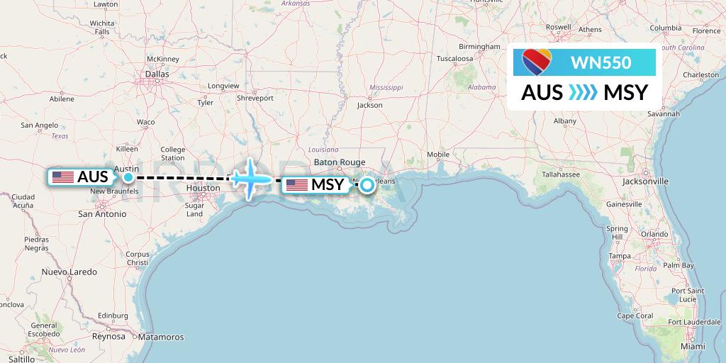 WN550 Southwest Airlines Flight Map: Austin to New Orleans