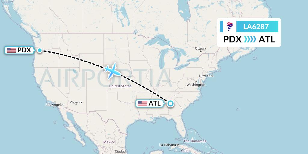 LA6287 LAN Airlines Flight Map: Portland to Atlanta