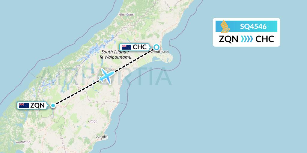 SQ4546 Singapore Airlines Flight Map: Queenstown to Christchurch
