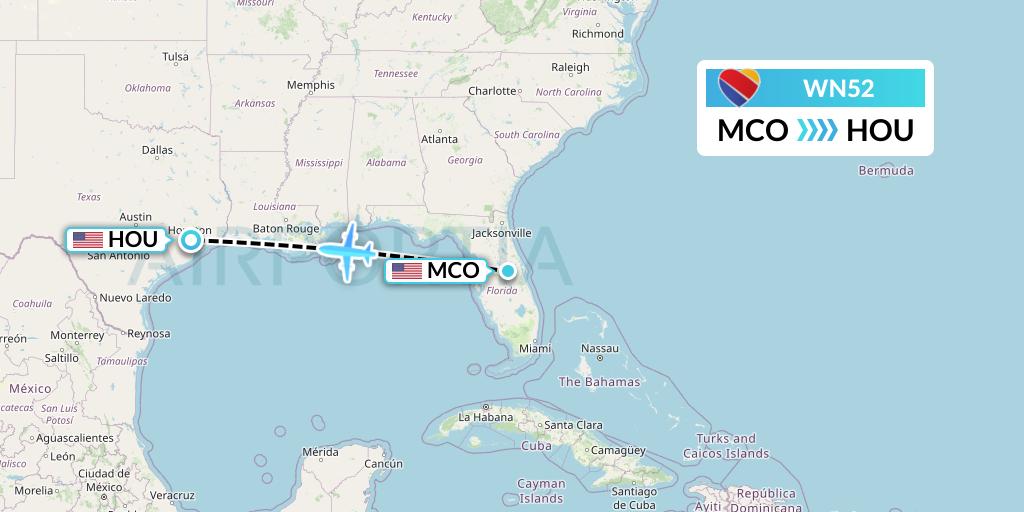 WN52 Southwest Airlines Flight Map: Orlando to Houston