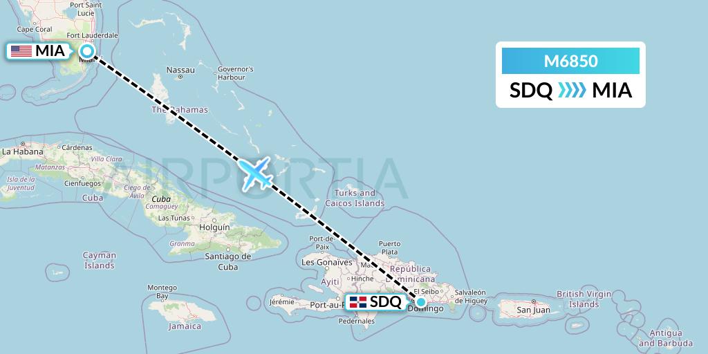M6850 Amerijet International Flight Map: Santo Domingo to Miami
