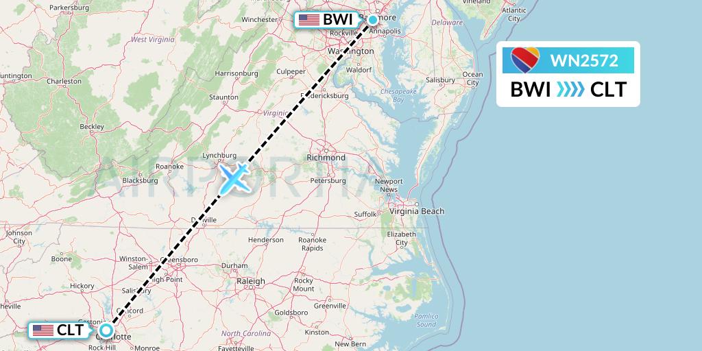 WN2572 Southwest Airlines Flight Map: Baltimore to Charlotte