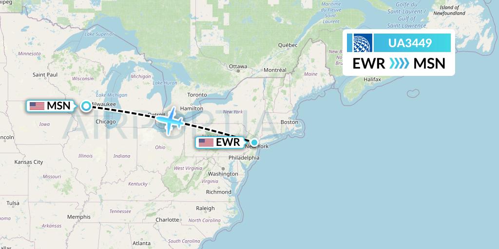 UA3449 United Airlines Flight Map: New York to Madison