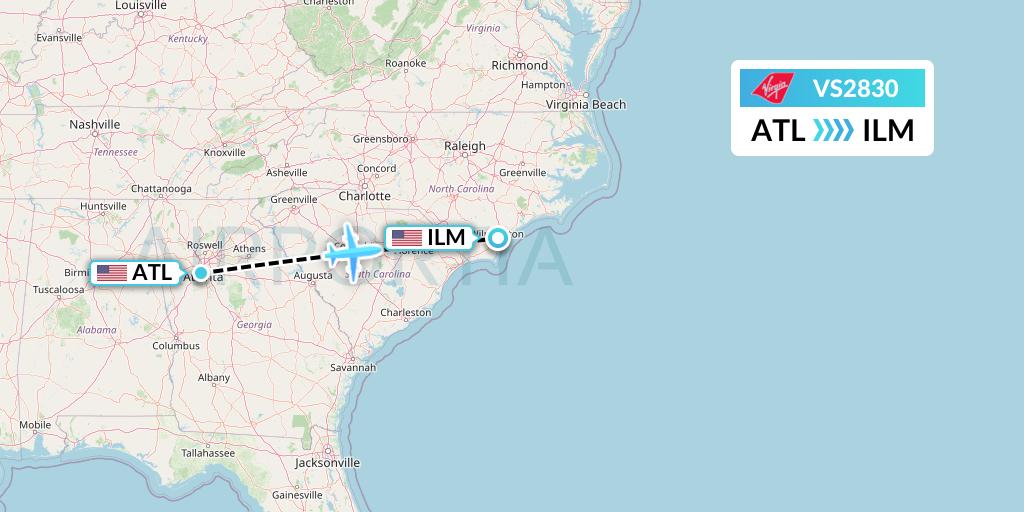 VS2830 Virgin Atlantic Airways Flight Map: Atlanta to Wilmington