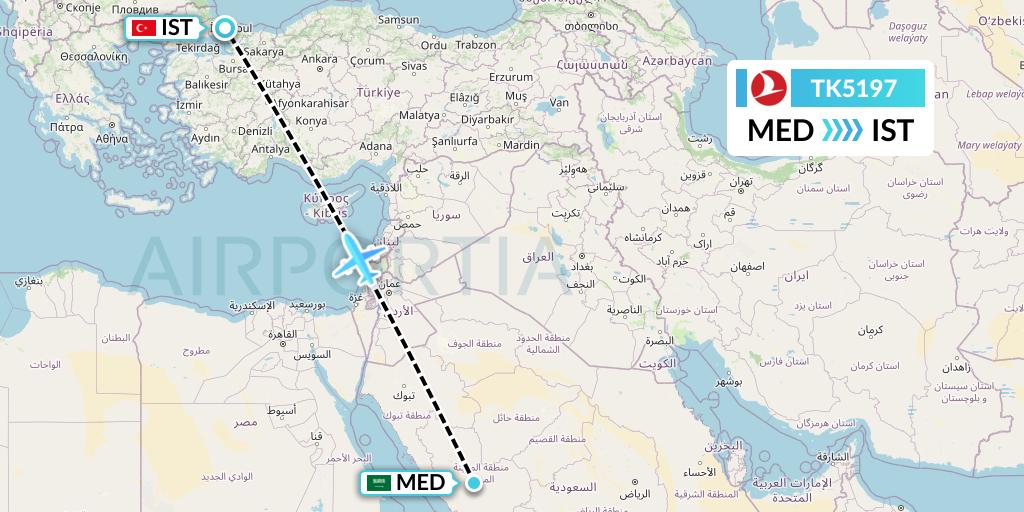 TK5197 Turkish Airlines Flight Map: Medina to Istanbul